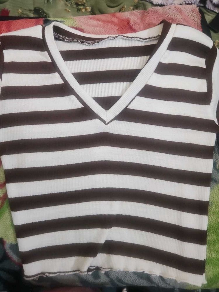 Brown &amp; White Striped V-Neck Top