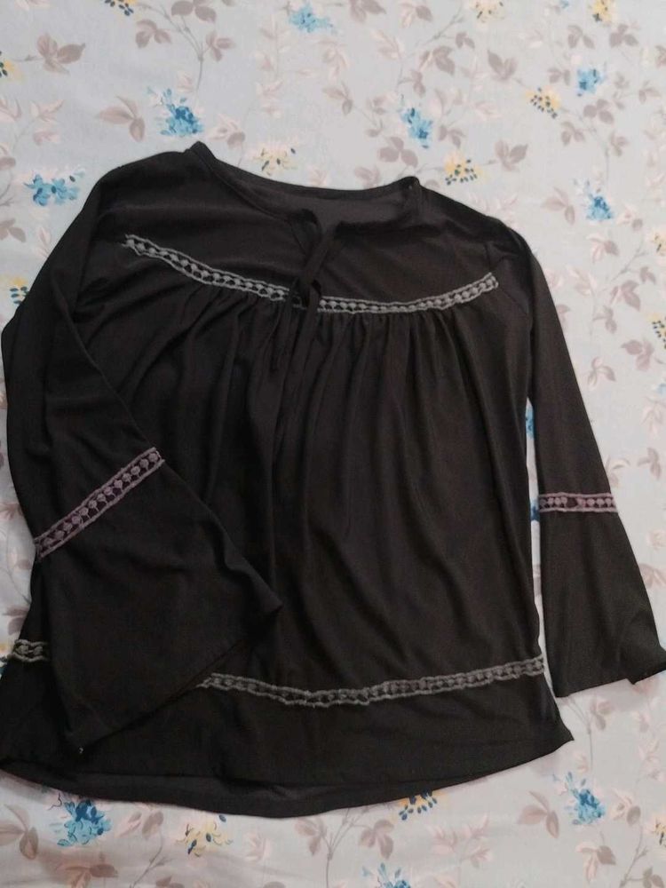 Black Long Sleeve Embroidered Top
