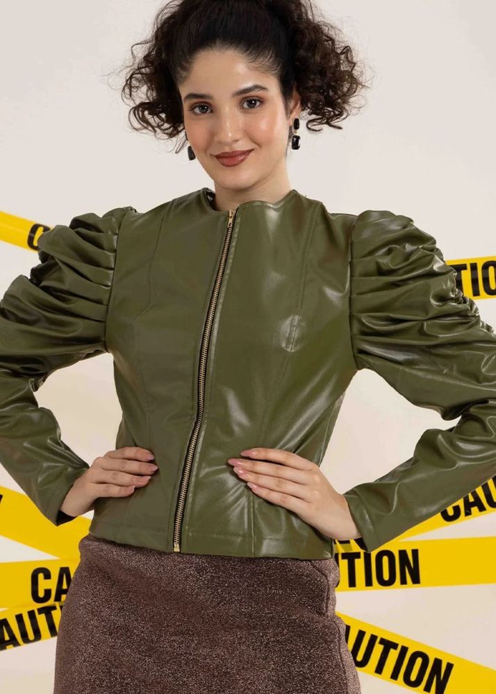 Olive Green Puff Sleeve Jacket