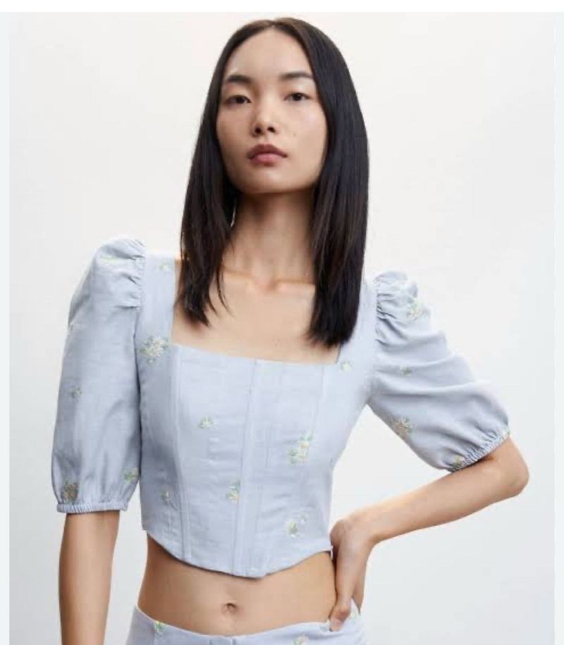 Mango Floral Cotton Linen Smoked Corset Crop Top