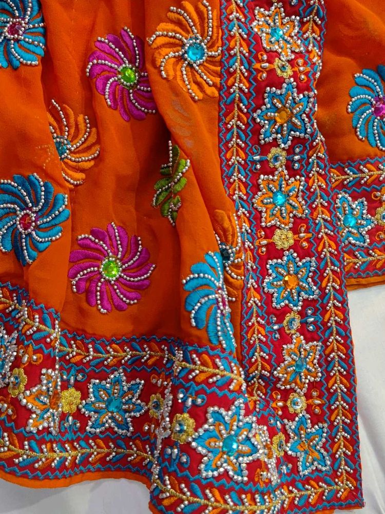 Vibrant Embroidered Orange Sari
