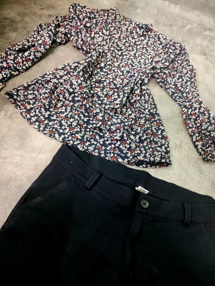 Combo Of Floral Top &amp; Black Pants Set