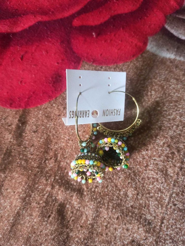 Ethnic Gold Plated Black Stone Jhumka Earrings for