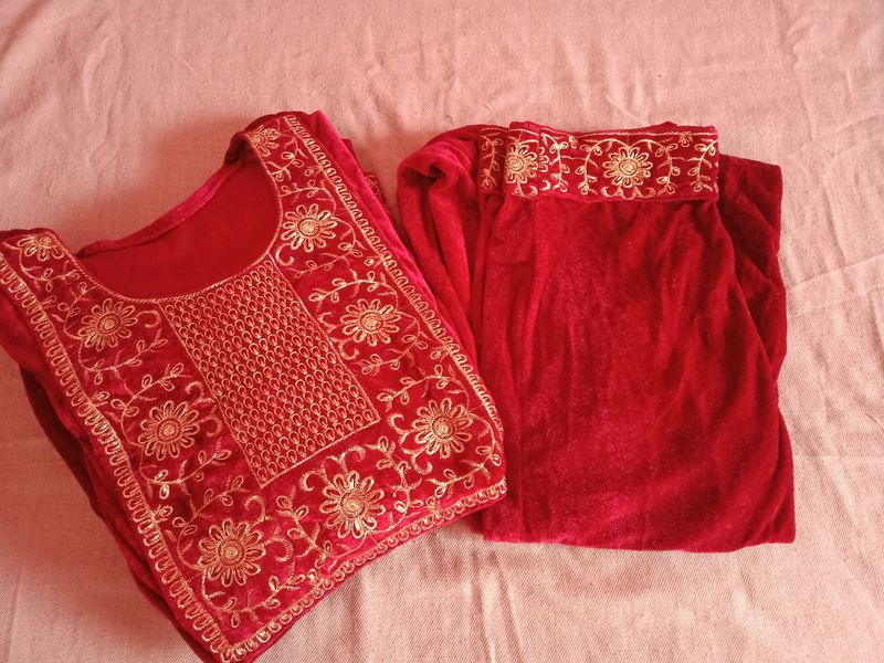 Velvet Maroon Nyra Cut Kurta With Plazo XL Size