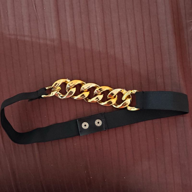 Black Stretch Belt with Gold Chain Detail