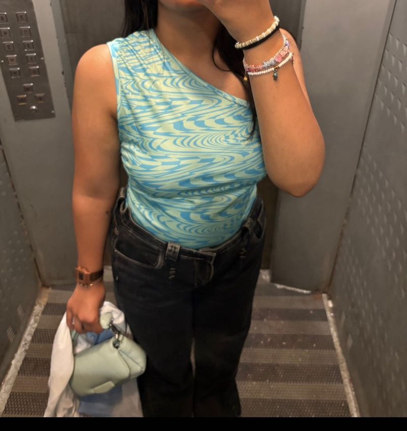 Trendy One-Shoulder blue green tankTop