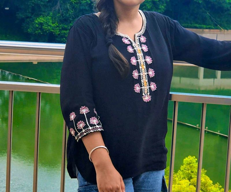 Embroidered Black Top