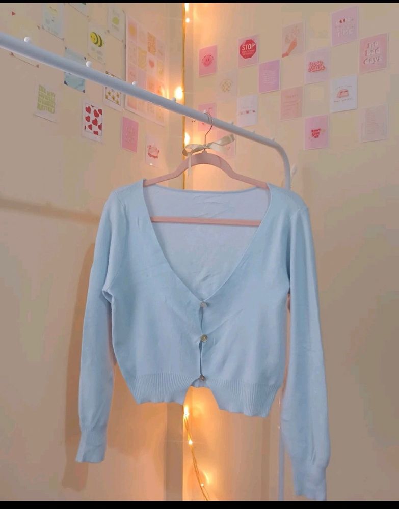 Light Blue Knit  Front Open Cardigan