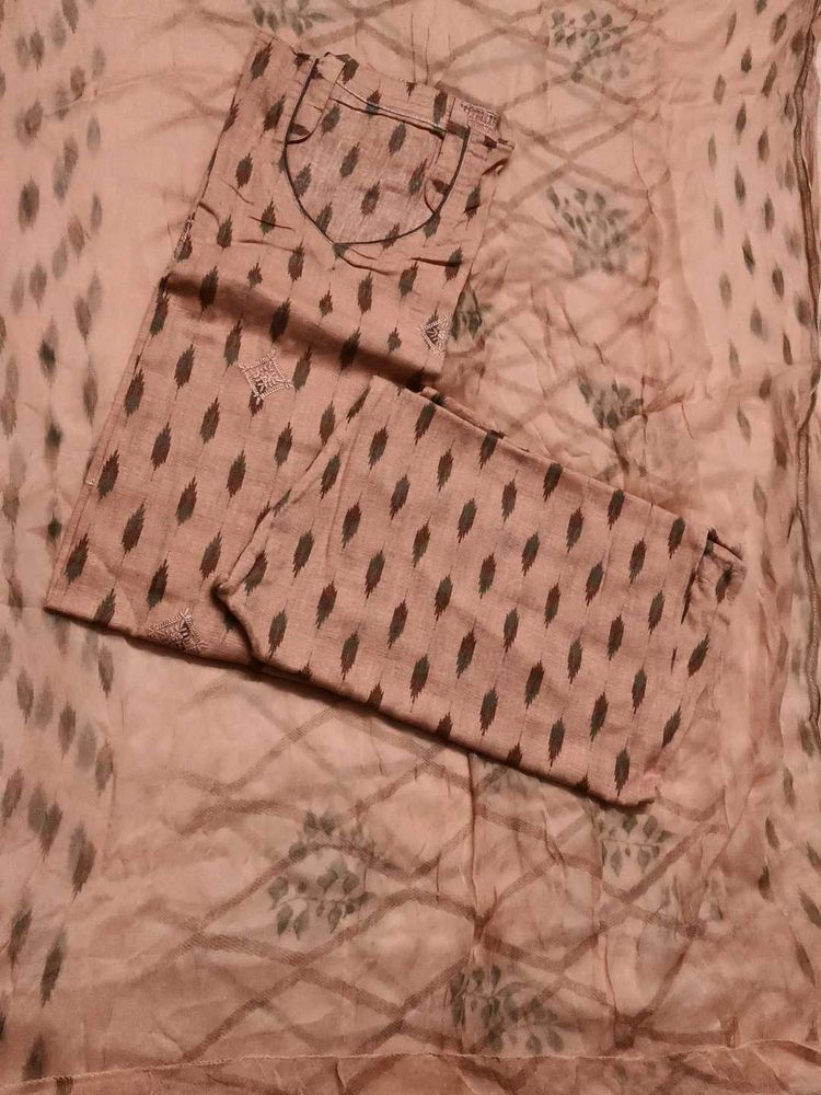 Peach Printed Embroidered Cotton Kurta Set