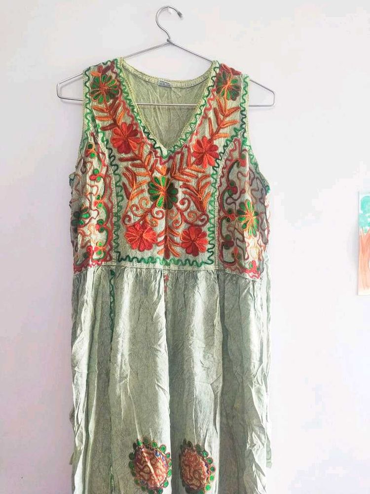 Green Boho Embroidered Dress