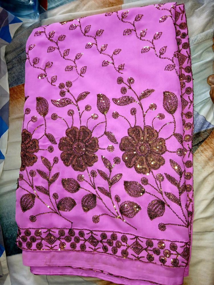 Pink Georgette Saree With Golden Design