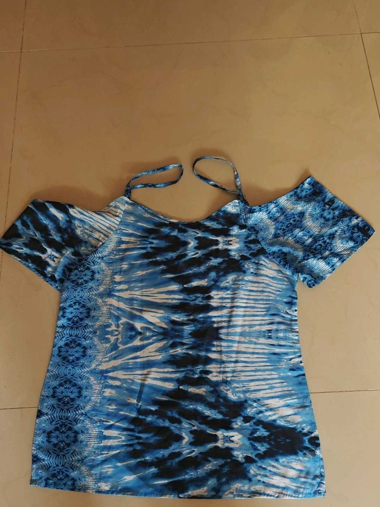 Blue Tie-Dye Cold Shoulder Top