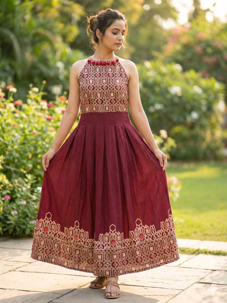 Elegant Maroon Embroidered Maxi Dress