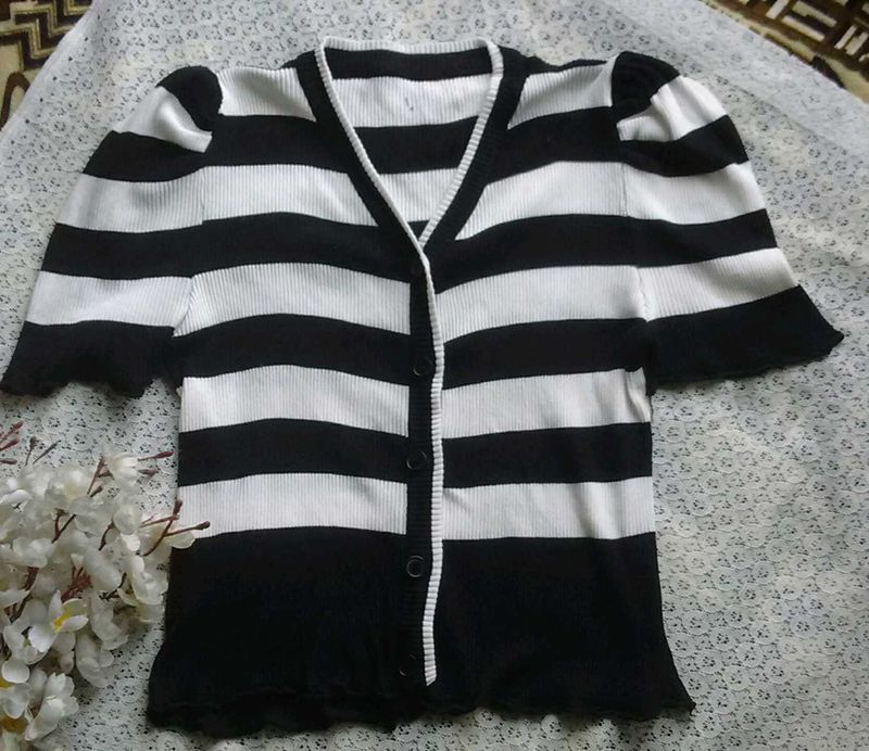 Striped Puff Sleeve Cardigan