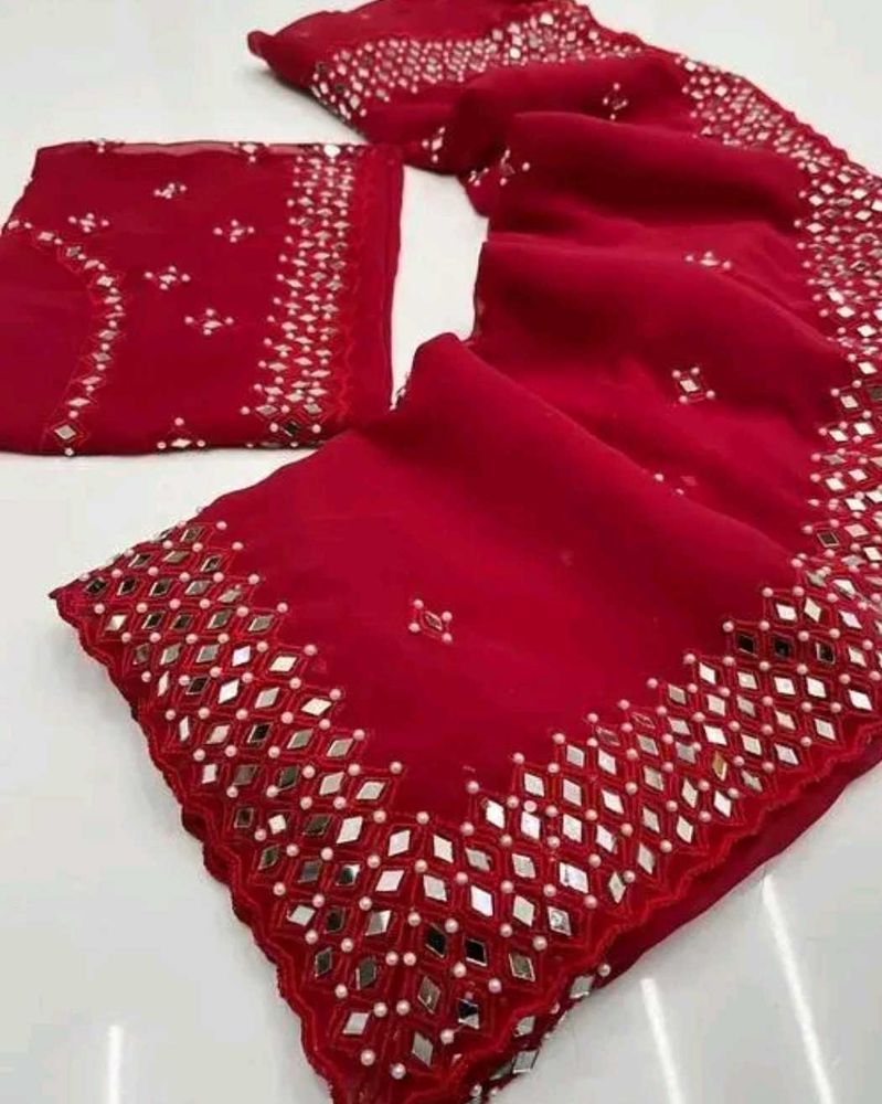 Red Mirror Work Saree
