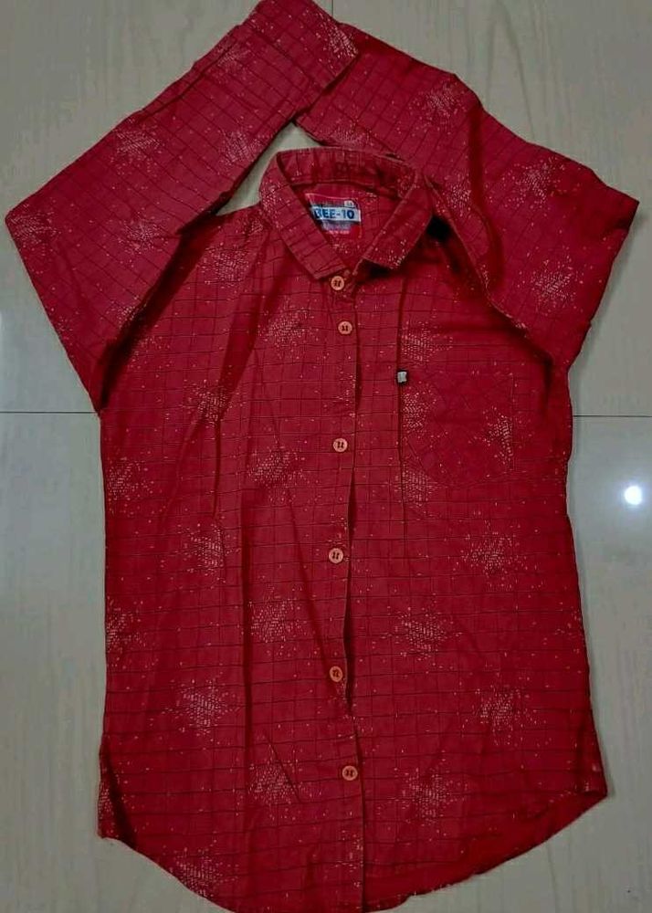 Red Patterned Button-Up Shirt