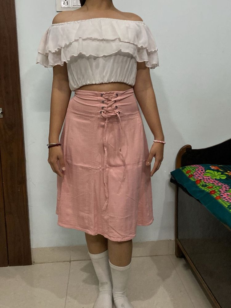 Pink  Skirt and  white frill top