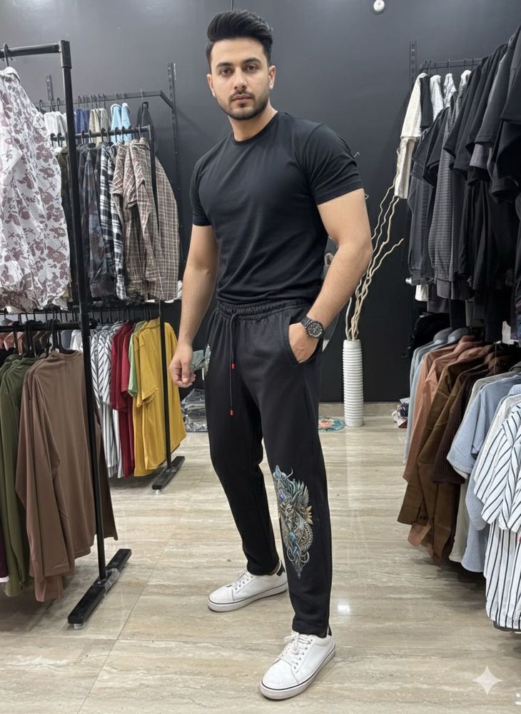 Stylish Black Graphic Print Track Pants