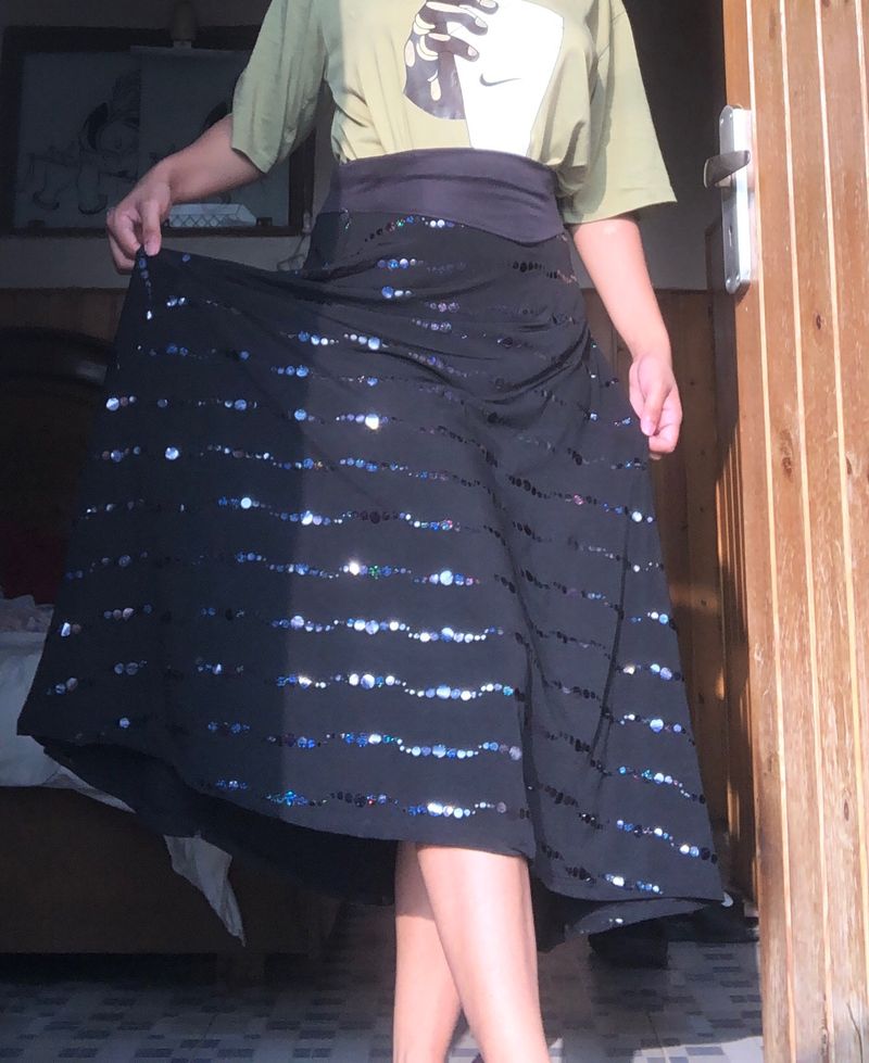 High Waist Long Black Skirt With Blue Sequence