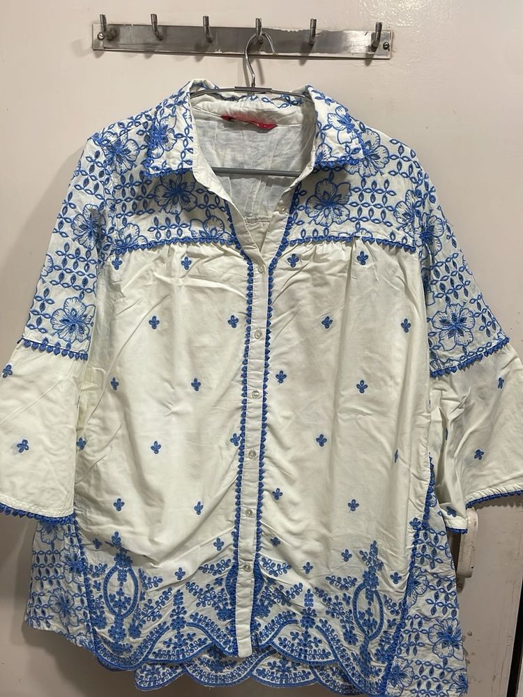 Embroidered White Button-Down Shirt