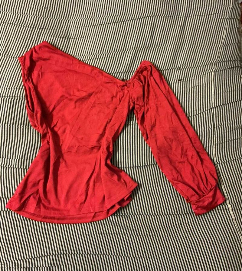 Red One-Shoulder Long Sleeve Top
