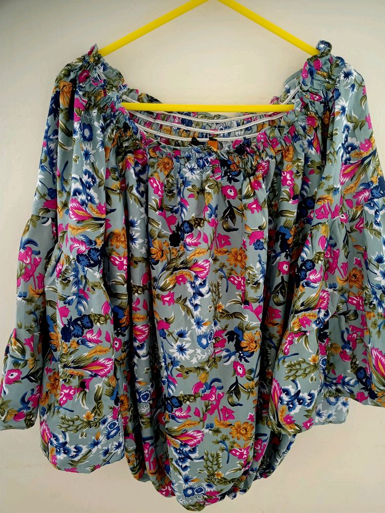 Bell Sleeves Printed Women's Blue Top