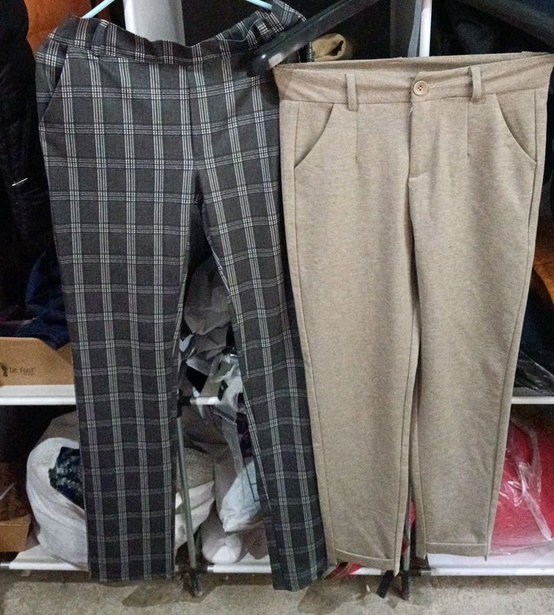 Combo Of 2 Trousers Grey Checked And Beige