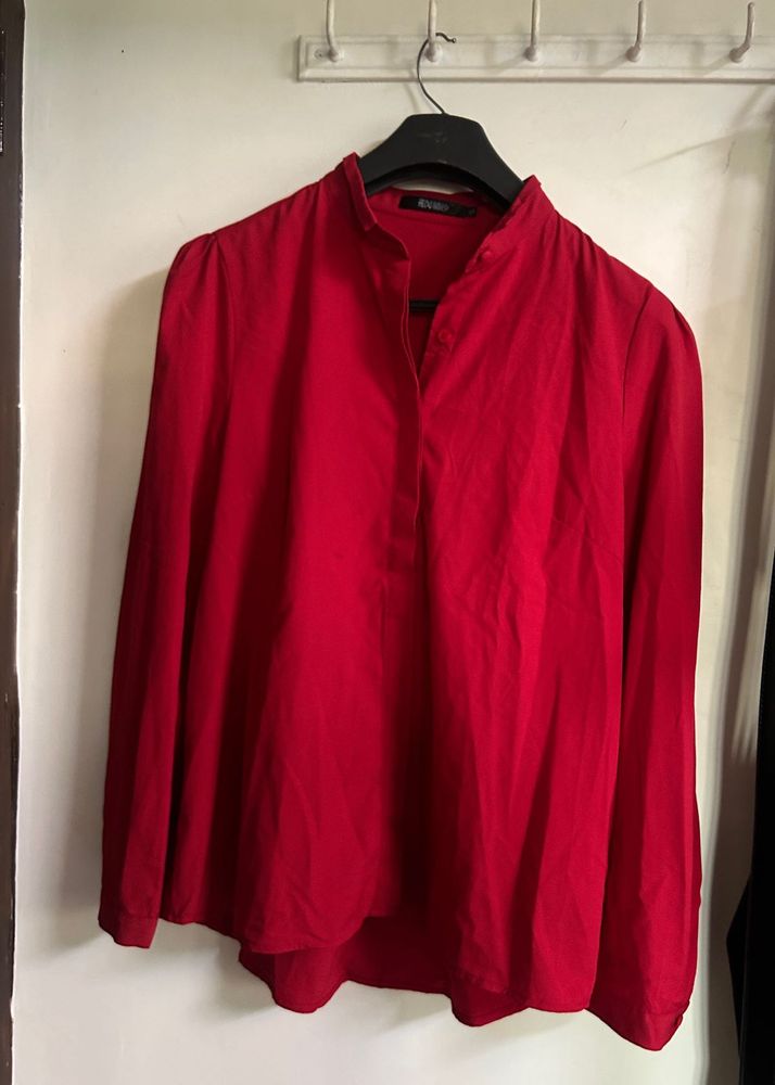 Red Blouse with Mandarin Collar