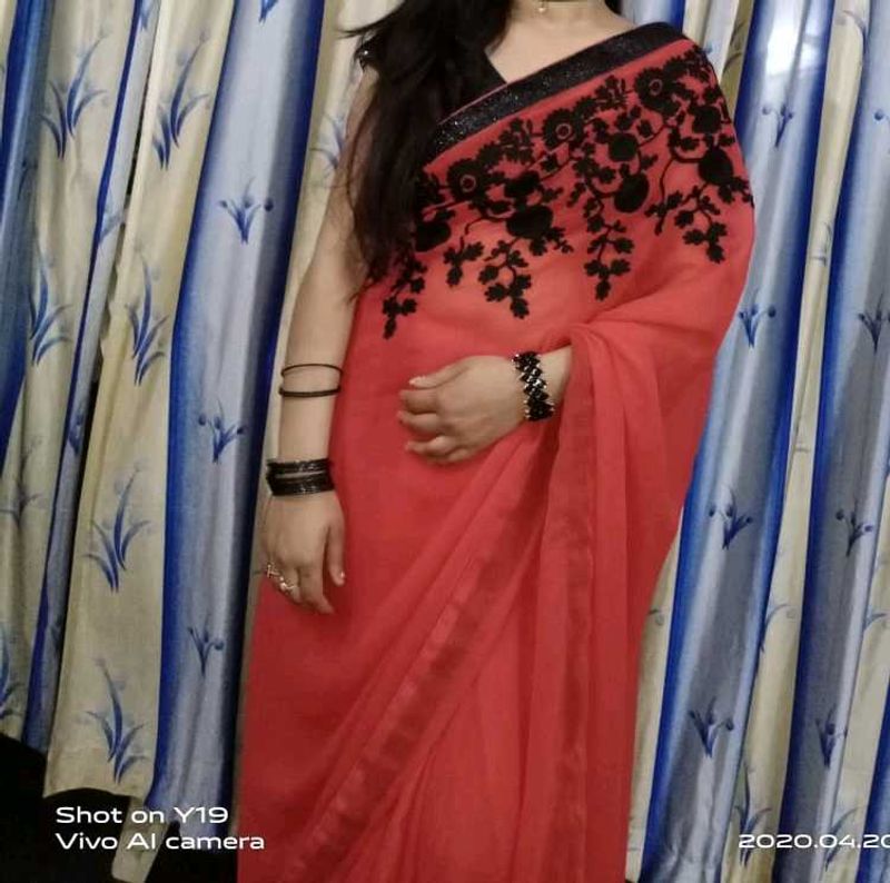 Black Thread Work- Red Colour Saree .