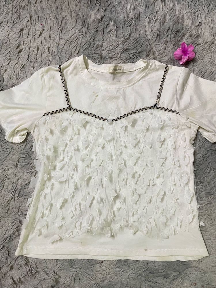 White Textured Layered Tee