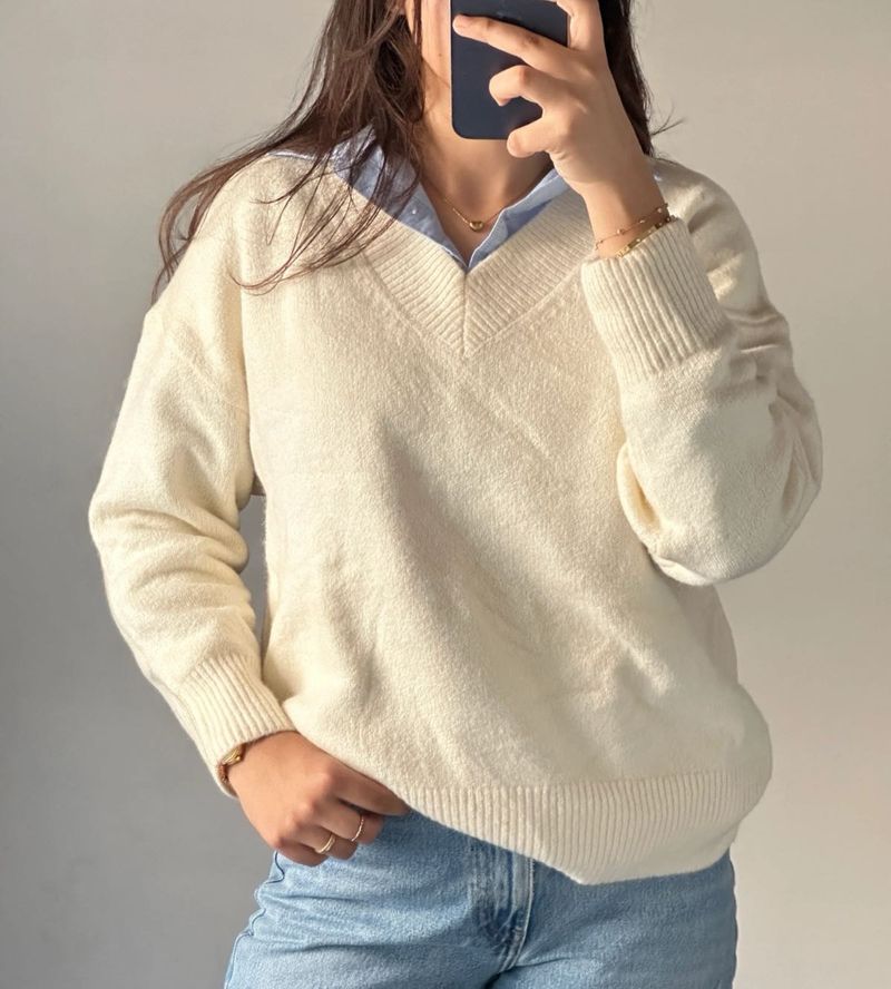 Cream V-Neck Knit Sweater