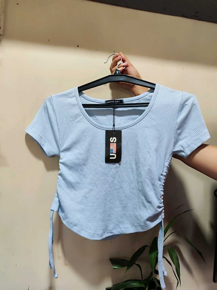 Sky Blue Ribbed Tie-Side Crop Top