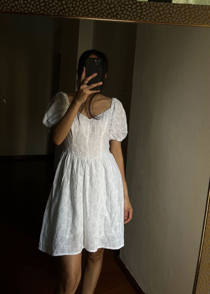 Puff sleeves Eyelet White Mini Dress