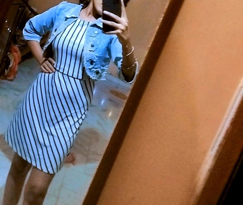 Denim Jacket And White Lined Skirt One Piece