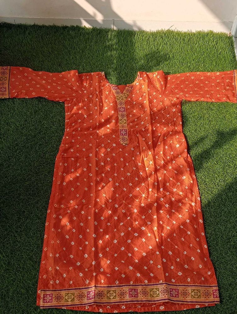 Bright Orange Rich Silk Bandhani Kurta