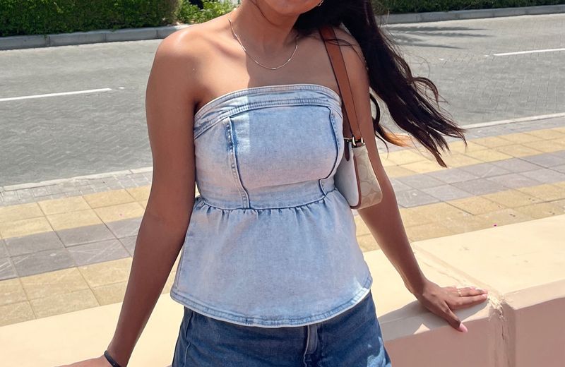 Denim Tube Top with Peplum Hem