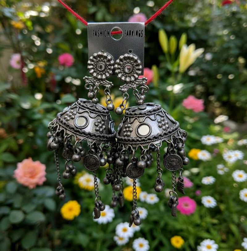Oxidized dark Silver Jhumka with Mirror Work