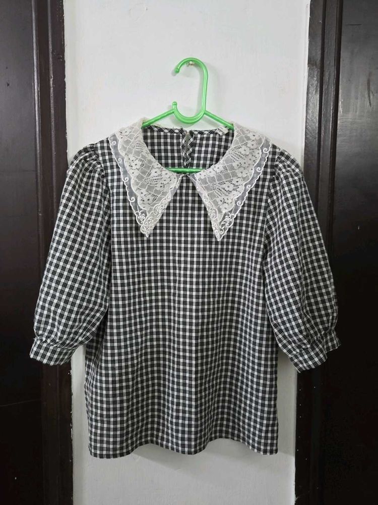 Checkered Lace Collar Top bust 32~34