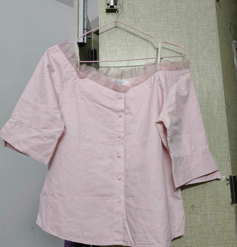 Light Pink Off-Shoulder Button-Down Top