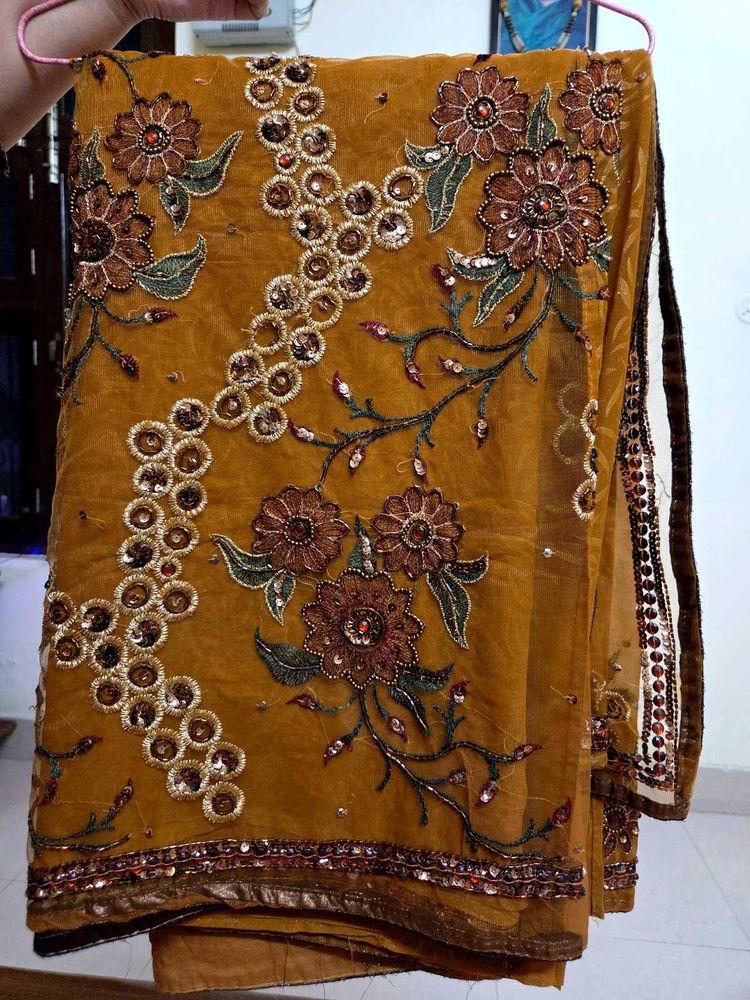 Embroidered Mustard Saree