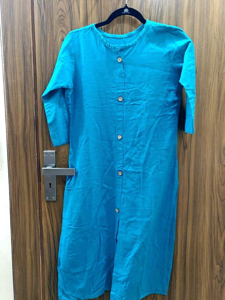 Vibrant Teal Linen Blend Button-Down Tunic