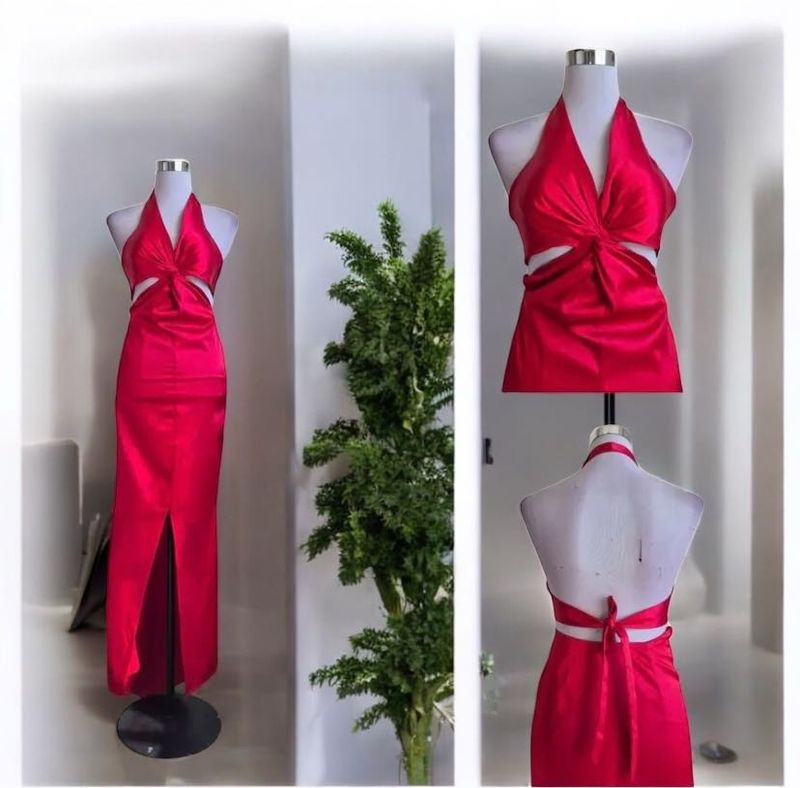 red satin halter dress with a front twist &amp; Cutout