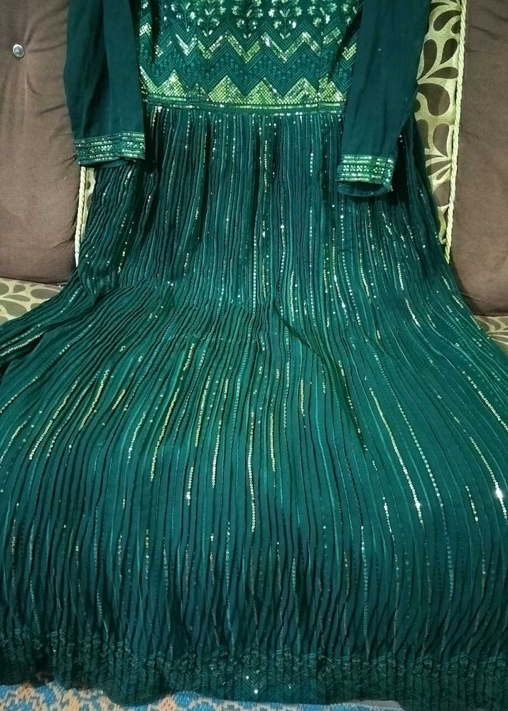 Full Chikankari Sequins Embellished Bottle Green G