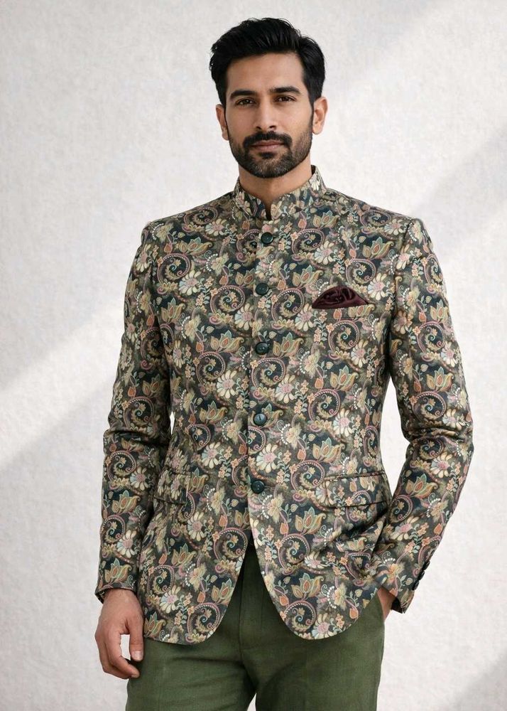 Stylish Floral Print Bandhgala Blazer