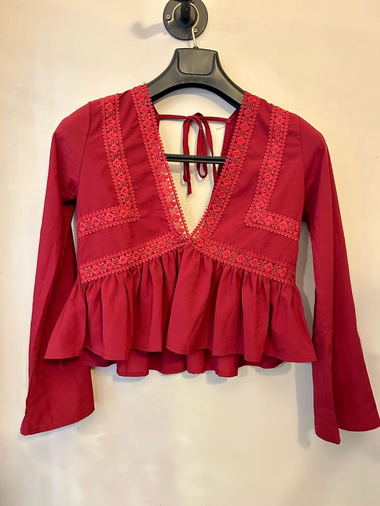 Red lace trim long sleeve top