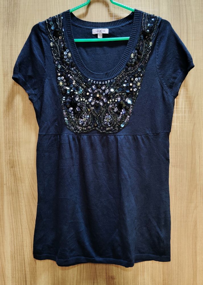 Navy Blue Wool Heavy Neck Work Top Style T-shirt