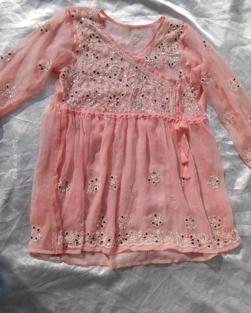 Beutiful Peach Chikankari Mirror Work Kurti/ Tunic