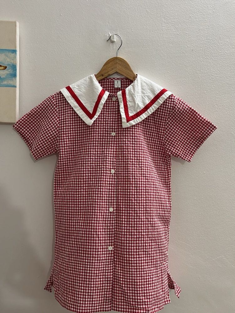 Gingham Sailor Collar Shirt Dress