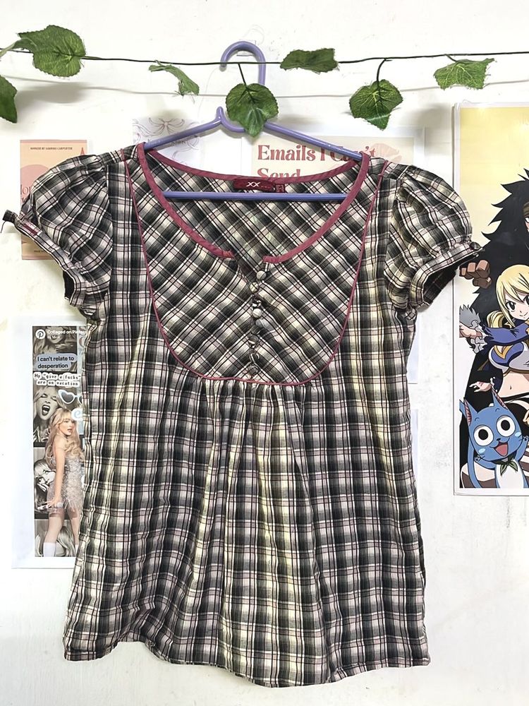 Plaid Puff Sleeve Top