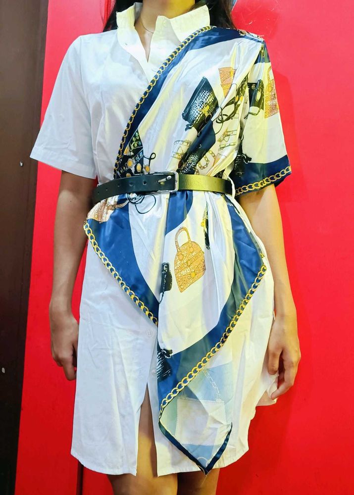 Unique White Shirt Dress with Scarf Detail